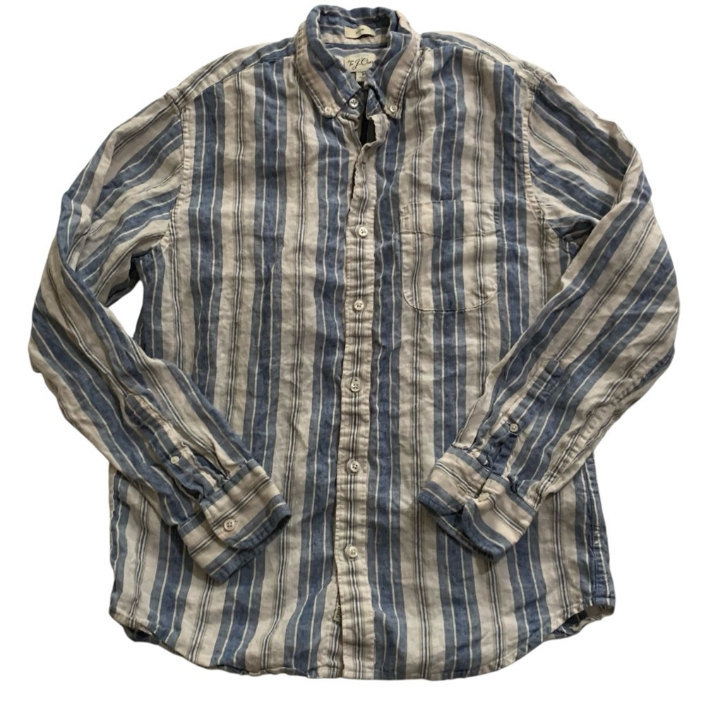 J.Crew Blue and White Striped Irish Linen Slim Fit Button Down Shirt Size Medium